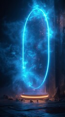 Wall Mural - A mystical blue portal glows vibrantly amidst a dark rocky landscape, suggesting an otherworldly gateway, generative ai