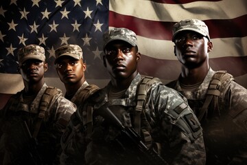 Wall Mural - Group of us army soldiers over us flag, soldiers with weapon pose for photo, men in modern uniform. Portrait of group of military, Ai generated