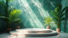 A Serene Room With A Central Podium, Surrounded By Large Green Potted Plants And Aqua Walls, Generative Ai