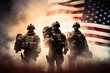 Group of us army soldiers over us flag, soldiers with weapon pose for photo, men in modern uniform. Portrait of group of military, Ai generated