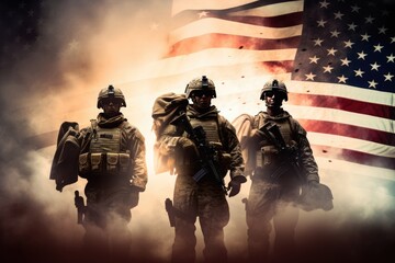 Wall Mural - Group of us army soldiers over us flag, soldiers with weapon pose for photo, men in modern uniform. Portrait of group of military, Ai generated
