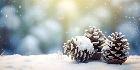  Frozen pine cones in the snow. Winter and Christmas background