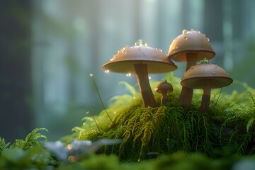 Canvas Print - Enchanting forest mushrooms in misty morning light. nature's serene beauty captured up close. ideal for environments, backgrounds, and wellness themes. AI