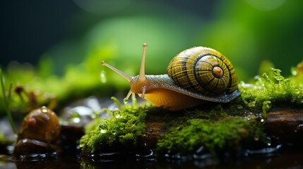 macro photo of a snail, mollusk, escargot, gastropod, slug climbing on beautiful green moss in the r