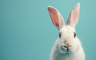 Wall Mural - White rabbit ear on pastel blue background. Easter rabbit