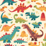Fototapeta Dinusie - Cute dinosaur cartoon seamless pattern on background.