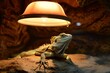 lizard basking under a lamp in a vivarium