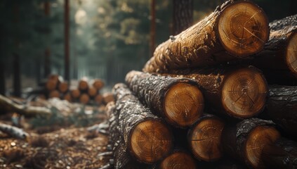 Wall Mural - Close-up shot of freshly cut trees in a dense forest, depicting the impact of deforestation.