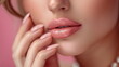 © seogi - A close-up of beautiful woman's hand and lips. A close-up of hand near lips. Hand model or lip model. Generative AI