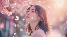 A Lovely And Pretty Asian Girl Standing Under A Cherry Blossom Tree With Fluttering Cherry Blossom Petals. Cherry Blossom Street. Spring Background. Face Closeup. Generative AI