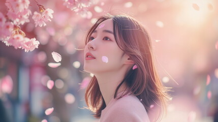 Wall Mural - A lovely and pretty Asian girl standing under a cherry blossom tree with fluttering cherry blossom petals. Cherry Blossom Street. Spring background. Face closeup. Generative AI