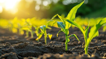 Fresh green sprouts of maize in spring on field, soft focus. Growing young green corn seedling sprouts in cultivated agricultural farm field. Agricultural scene with corn sprouts in soil.