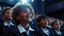 A Close-up Of The Face Of A Curly-haired Boy Smiling Brightly While Numerous Children Wearing Identical School Uniforms Sit Together In The Auditorium And Look At The Stage. Generative AI