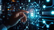 © seogi - Close-up of a hand touching the glowing blue lock icon on the digital virtual screen. Cyber Security Access Control Data Privacy Protection Concept. Generative AI