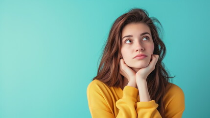 Wall Mural - A brown long-haired woman in a yellow sweater is looking up with a pensive expression, studio, mint background, copy space - Generative AI