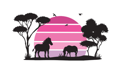 Wall Mural - pink sunset and savanna vector. silhouette of zebras grazing in savanna africa vector logo