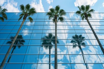 Canvas Print - palm trees reflecting on a sleek glass office facade