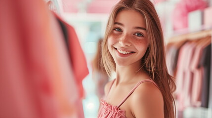 Wall Mural - A teenage girl with long brown hair, freckles, wearing a sleeveless top for summer, smiling brightly at the camera. Clothing store bokeh background. Summer, shopping concept. Close up. Generative AI