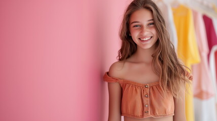 Wall Mural - A freckled long-haired teenage girl wearing a summer sleeveless smiles brightly at the camera. Pink wall background with clothes hanging on it. Summer, shopping concept. Generative AI