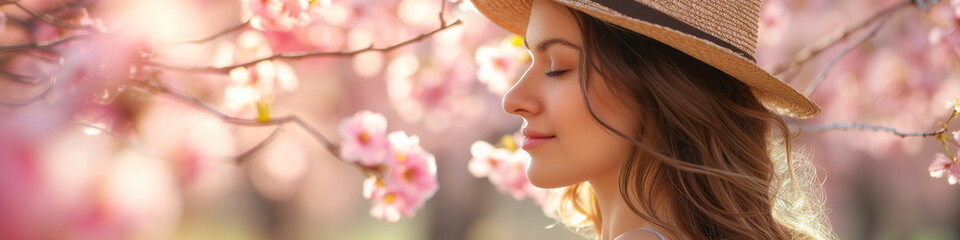 Wall Mural - Woman with straw hat enjoying time in blossom cherry orchard at spring - Generative AI