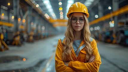 Wall Mural - Factory female worker. Engineer woman worker with laptop working in plant production checking and testing machine in smart factory