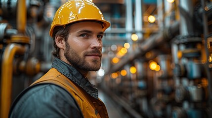 Wall Mural - Portrait of a young engineer stand with a smile and cross your arms with confidence. Wears a yellow helmet