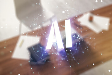 Wall Mural - creative artificial intelligence symbol concept and modern desktop with computer on background. mult