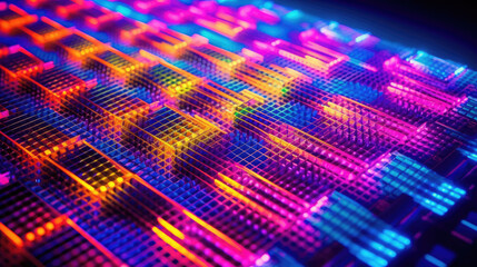 Detailed diagonal view of a square texture activated multi color micro panel LED panel display 