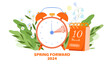 Daylight Saving Time Begins concept. Vector illustration of clock and calendar date of changing time one hour on march 10, 2024 with spring flowers decoration.  Spring Forward time transition