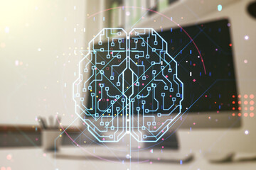 Wall Mural - double exposure of creative human brain microcircuit and modern desk with computer on background. fu