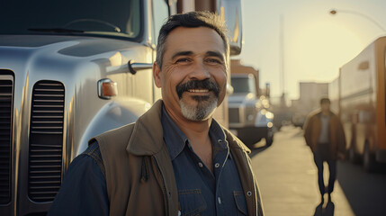 Smiling Latin American male truck driver standing next to his truck on a sunny morning with the city and trucks in the background