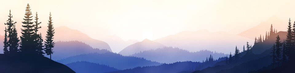 Wall Mural - Sunrise in the mountains, panoramic view, vector illustration