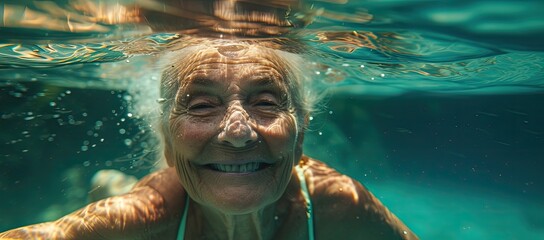 Wall Mural - Vibrant close-up image showcasing a young woman's radiant smile as she enjoys a leisurely swim in the inviting blue waters.