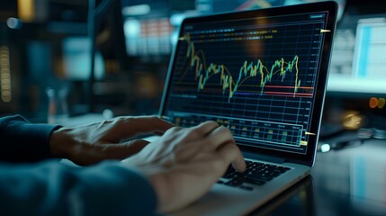 Wall Mural - Close-up of hands typing on a laptop with stock market graphs on the screen, editorial office background. traders specializing in stocks and coins. generative AI