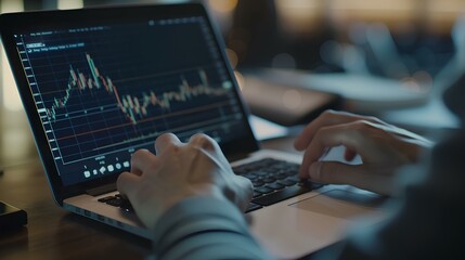 Wall Mural - Close-up of hands typing on a laptop with stock market graphs on the screen, editorial office background. traders specializing in stocks and coins. generative AI