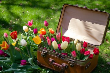 Canvas Print - open suitcase on grass filled with colorful tulips