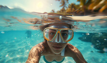 Underwater View Of Woman With Snorkeling Mask In Tropical Ocean In Summer, Perfect Summertime
