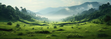 A Wide Expanse Of Lush Green Grassland Landscape Meadow With Clear Skies, Clouds, And Mountains In The Distance Created With Generative AI Technology