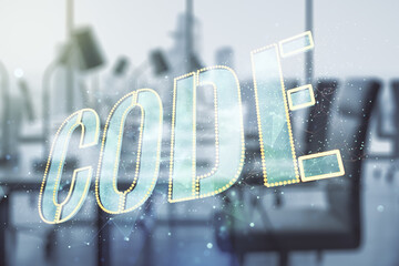 Wall Mural - code word hologram on a modern furnished classroom background, international software development co