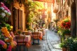Tipico ristorante italiano nel vicolo storico fiorito