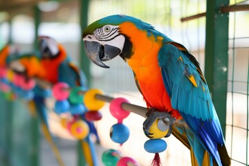 Poster - vibrant parrots pecking at colorful toys attached to their enclosure