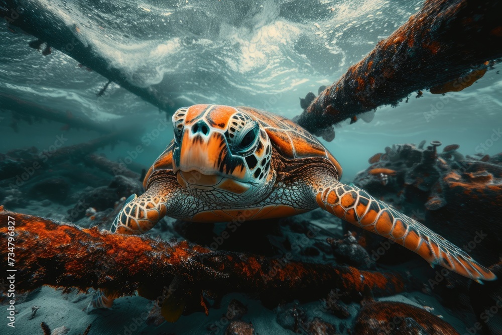 Turtles making their way amidst industrial settings, serving as a ...