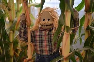 Poster - scarecrow dressed in plaid shirt and jeans amidst corn stalks