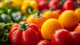 Fototapeta Sypialnia - Fresh Dewy Bell Peppers and Cherry Tomatoes Close-Up