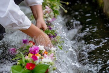 Canvas Print - florist rinsing flowers in the flow of a spring stream