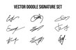 Handwritten signatures set. Collection of vector signatures fictitious autograph doodles on E letter. Business documentation lettering.