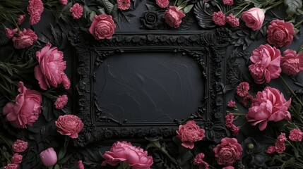 Wall Mural - Pink roses flowers floral arrangement nature wedding or Valentines day backdrop with white frame on black background