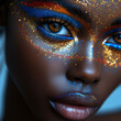 Auge Make up einer afroamerikanischen Frau in fantastischer Glitzer Dekoration Visagistik Nahaufnahme, ai generativ