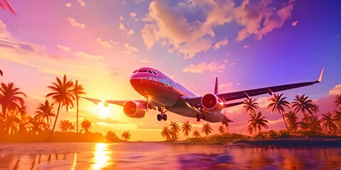 Wall Mural - Airplane flying above palm trees in clear sunset sky with sun rays. Concept of traveling, vacation and travel by air transport 4K Video