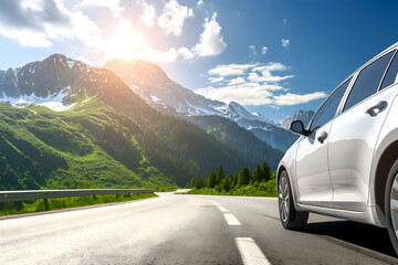 Car traveling with a mountain road at summer day.